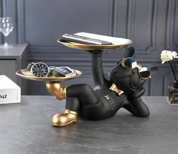 樹脂dcor犬の彫像ストレージテーブル用トレイ付きライブルームフレンチブルドッグ装飾装飾彫刻クラフトギフト220720625212
