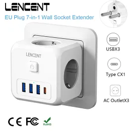 Adaptors LENCENT EU Plug Power Strip with 3 AC Outlets +3 USB Charging Ports+ 1 Type C 5V 2.4A Adapter 7in1 Plug Socket On/Off Switch