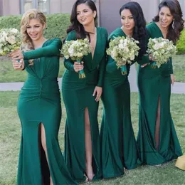 Dark Green Cheap Mermaid Bridesmaid Front Split Deep V Neck Long Sleeves Floor Length Maid of Honor Dresses Custom Made 2024