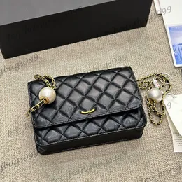 Womens Lambskin Double Pearl Beads Wallet On Gold Chain Bags WOC Crossbody Shoulder Purse Card Holder Multi Pochette Fany Pack Waist Chest Pocket 4 Colors 19x13CM