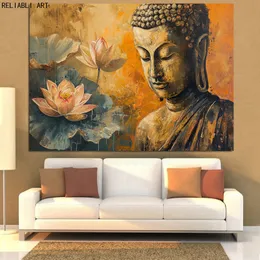 Pintura a óleo de Buda com tons de lótus de laranja amarela e ouro Buda pacífica no rosto em pintura, pôster de impressão, decoração da sala de estar da sala de parede sem moldura