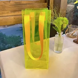 보관 가방 화려한 레드 와인 PVC 누출 방지 포장 가방 직조 테이프 투명 토트 꽃 선물 젤리 눈부신 컬러 5pcs