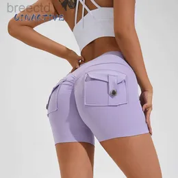 Aktive Shorts Qinactive Yoga Shorts für Frauen Tasche geknrocknetes Butt Gym Leggings hoher Taille Push Up Strumpfhosen Sexy Beute Sport Shorts Fitness D240426