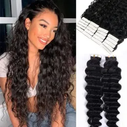 Weft Deep Wave Tape In Hair Extensions Human Hair For Black Women 100% Remy Humen Hair 1626Inch Skin Weft Tape Ins Natural Black #1B