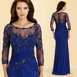 Lace Chiffon Blue The Royal Mother Bride Of Drees With 3/4 Sleeves Pleats Long Wedding Party Gowns Applique Beaded Jewel Neck Groom Mothers Formal Evening s