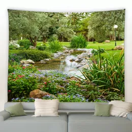 Spring Park Garden Landscape Tapestry Green Plants Trees Red Purple Flowers Natural Scenery Tapestries Living Room Wall Hanging 240415