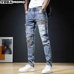 Herr jeans 2023 herr mode trasiga jeans ultratunna raka snitt denim kläder mens nya mode tight montering byxor kläder pantalones hombrel244