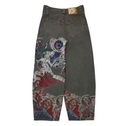 Hip Hop Punk Embroidery Printed Baggy Jeans Y2k Jeans Men Heavy Craftsmanship Retro Style Wide Leg Pants Goth Ripped Jeans 240412