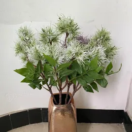 Flores decorativas 9 cabeças Bola de espinhos de ouriço de flor de flor de flores com folhas verdes plantas falsas artificiais para decoração de casamento em casa