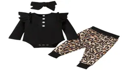 Zestawy odzieży 3PCS Baby Girls Długie rękawowe falbany na przycisk Bodysuit Leotardleopard Print TrouseSrheadband Ubrania 2860577