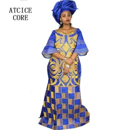 Afrikanska klänningar för Woman Bazin Riche Computer Embrowidery Plus Size Long Dress with Scarf 240423