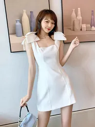 Summer Classic Sweet Sexy Women Dress Solid White Black Bow Camisole Sleeveless Backless Mini Empire Waist Girl Gown Party Date 240418