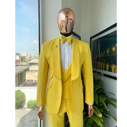 Jackets Fashion Bright Yellow Luxury Suits for Men Terno Single Breasted Shawl Lapel Elegant Costume 3 Piece(Jacket+Pants+Vest) Full Set