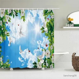 Cortinas de chuveiro Corte de céu azul ensolarado nuvens brancas cortina de chuveiro de pombo de pombo à prova d'água de pombo de pombos decoração de decoração cortinas de banheiro