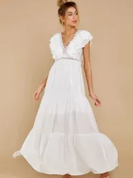 Sexy Deep Deep Calfly Maniche Maxi Dress White White High Waist A-Long Line Casual Womens Summer Holiday D9 240418