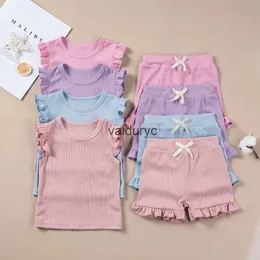 Roupas Conjuntos de roupas Summer Toddler Girl Ruffle Sleeve 2pcs Conjunto de t-shits sem mangas Top e shorts roupas para crianças meninas roupas de terno sólido H240429