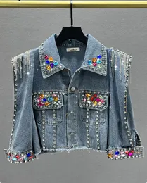 Jackets femininas mulheres jeans curta jeans jeashet pérola diamantes pérolas cadeia borla desgastada rebarbas bainha meia manga jeans jeans streetwear 230815