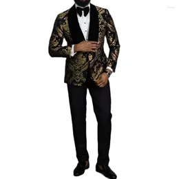 Ternos masculinos Black Floral Jacquard Men para o baile 2 peças Slim Fit com Velvet Shawl Lapel Wedding Groom Tuxedo Roupas de moda masculina 2024