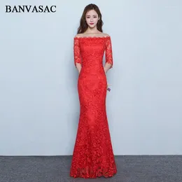 Party Dresses BANVASAC Boat Neck Lace Embroidery Mermaid Long Evening Hollow Out Half Sleeve Backless Prom Gowns