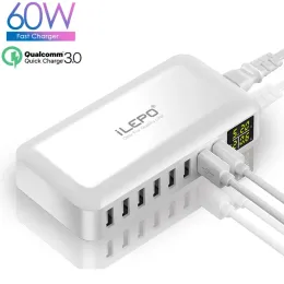 شواحن ILEPO 60W 8Port USB Charger 3.0 QC شحن سريع شحن سريع شحن عرض متعدد USB محطة مكتب الهاتف المحمول