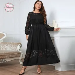 Della Mel Plus Size Women Clothing Black O Neck Lace Long Sleeves Maxi Dress Ladies Elegant Casual Large Dresses 3XL 4XL 240420