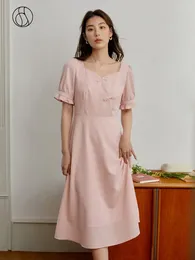 Partykleider Dushu chinesischer Stil quadratischer Nacken eleganter Kleiderknopf Placket Design Dame Sommer langer Puffhülsen rosa mitten in der Länge