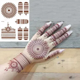 Tatuagem Transferência de tatuagem Brown Henna Lace Tattoos Tattoos Adesivo para mulheres Mehndi adesivas para o pescoço da mão Flora de penas henna tatuagem à prova d'água 240427