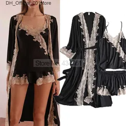 Set sexy Splicing Piging Kimono Robe Set Short Loce Tre pezzi Abito da sera satinato da donna Q240426