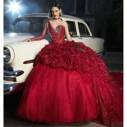 Crystals Quinceanera One Bured 드레스 Organza Shoulder Ruched Ball Gown Sweet 15 Dress for Girls Prom Special OCN Party VX anos