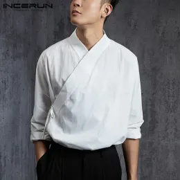 Hausschuhe Chinesische Männerhemd Hemd Feste Farbe Retro Hanfu Langarm Elegante Schnürung 2023 Vintage Stand Collar Herren Shirts Camisa Incerun