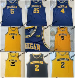 Michigan Wolverines College 2 Poole 5 Jalen Rose Yellow Basketball 4 Chris Jerseys Webber 25 Juwan Howard Vintage Błękitne białe koszule University AA