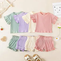衣料品セット幼児の女の女の子の夏の服の服を着た無地のリブ付きクルーネック半袖Tシャツトップとショートパンツ2PCS服セット