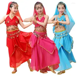 Stage Wear 6pcs Kids India Princess Belly Dance Set Oriental Sari Girl Costume Bollywood Children Outfit