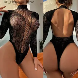 Sexy Set Open Back Lace Sheer Long-sleeved Bodysuit Summer Sunscreen Breathable Tops Siamese Fishnet T-shirt Body Socks For Women Tights Q240426