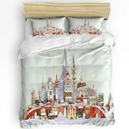 Set Christmas City Houses Building Castle Bedding Set 3st Däcke Cover Pudowcase Kids Adult Quilt Cover Double Bed Set Home Textile