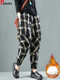 Calça feminina xadrez de inverno no algodão quente harém de tornozelo de espessura neve use pantalones casual à prova de vento alta cintura spodnie