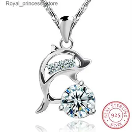 Colares pendentes 925 jóias de casamento prateado aa cubic zirconia golfinho pingente de amor colar feminino presente 45 cm colar de corrente colar Kolye s-n77 q240426