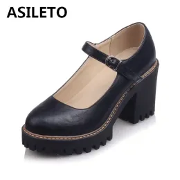 Boots Asileto chunky heels السببية Brogue Mary Janes Pumps Bucklevintage Block Square Mid Hide Cedies Big Size 43 D581