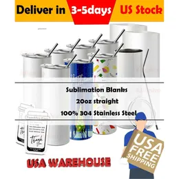 USA CA Warehouse 20oz Sublimation الزجاج المستقيم Tumblers Beverage Mug Juice Can with PP Slide Bamboo Lid and Straw Bottle Cups 0426