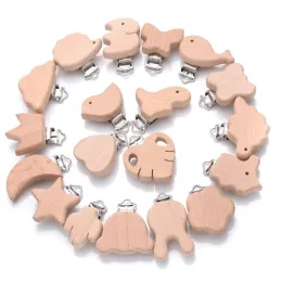 إكسسوارات 5pcs Woode Pacifier Baby Beech Animal Pacifier Metal Clips حامل القلب سلسلة ملحقات Teether