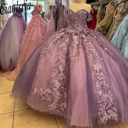 Lavanda fora do ombro Apliques florais de renda Quinceanera vestido de baile Glitter Crystal Sweet 15 Birthday