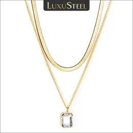 Stränge Luxusteel Vintage Square Cubic Zirkonia Anhänger Halskette Womens Edelstahl Schlange Würfel Doppelkette Party Schmuck 240424