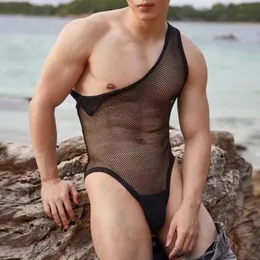 Masculino sexy massuufuit malha oca de malha esculpindo roupas íntimas machos de transmissão alta do triângulo de triângulo com mangas sem mangas de mangas de mangas 240410