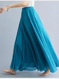 Kjolar kvinnors solida eleganta semesterfest elastisk hög midja veckad lång kjol 2024 vår sommar damer casual a-line mode