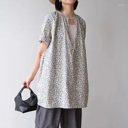 البلوزات النسائية Lyeeynnr Japan Style Blouse Blouse Women Flower Printed Short Sleeve Disual Disurts Female Summer Fashion Camisas