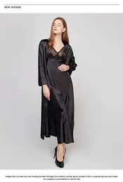 Women's Sleepwear Autumn Hollow Out Long Section Robe Ret Set Lace Sexy Spaghetti Strap Cardigan Twinset Bathrobe Y240426