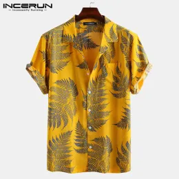 티셔츠 incerun 남자 짧은 슬리브 라펠 라펠 인쇄 셔츠 열대 잎 패턴 꽃 셔츠 캐주얼 한 여름 하와이 휴일 카미사 탑 S5XL