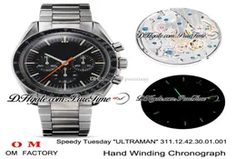 OMF Moonwatch Speedy 화요일 2 Ultraman Manual Winding Chronograph Mens 시계 검은 다이얼 스테인레스 스틸 팔찌 에디션 New6923272