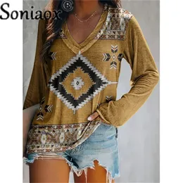 Vintage Ethnic Style Womens T -Shirts Langarm Vneck Print Tops Ladies Casual Pullover Autumn Street Kleidung Hemd 240419
