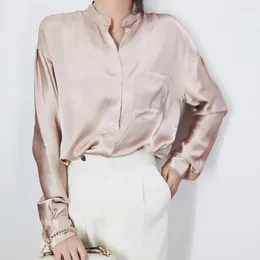 Blouses feminina Stand-up Stand-Up Stand-Up Silk Crepe cetim champanhe rosa Button-Down Cirche Women